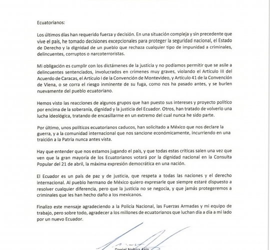 Latest Message of President Noboa